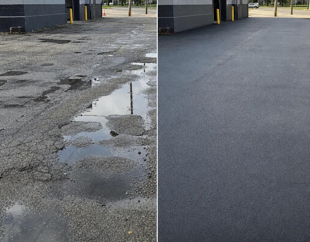 Before-and-after comparison of a cracked puddling parking area and the same area after regrading and paving