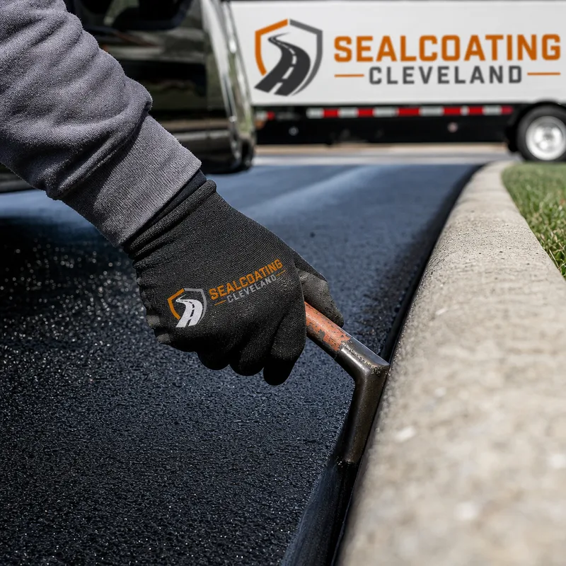 Paving crew hand-working an asphalt edge joint beside a curb to create a tight seam and uniform mat