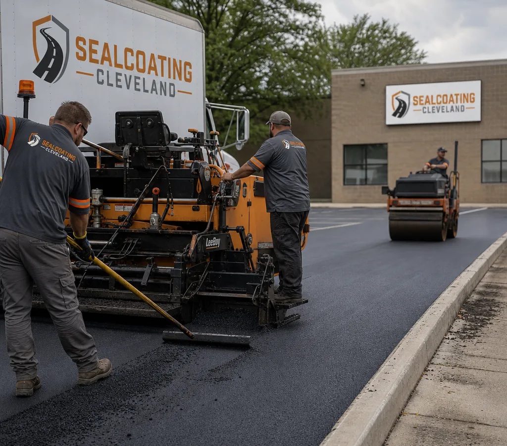 Crew laying hot-mix asphalt on a Cleveland commercial lot while a roller compacts the surface beside a concrete curb