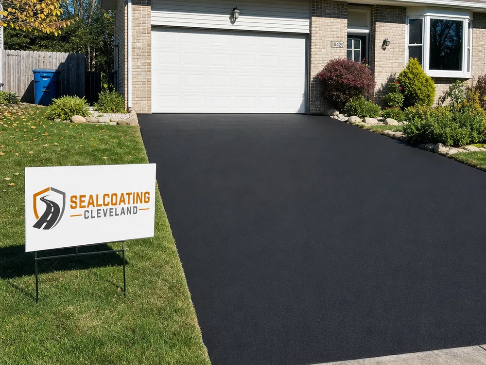 Finished Cleveland residential driveway with a uniform asphalt mat, straight edges, and a smooth garage-apron transition