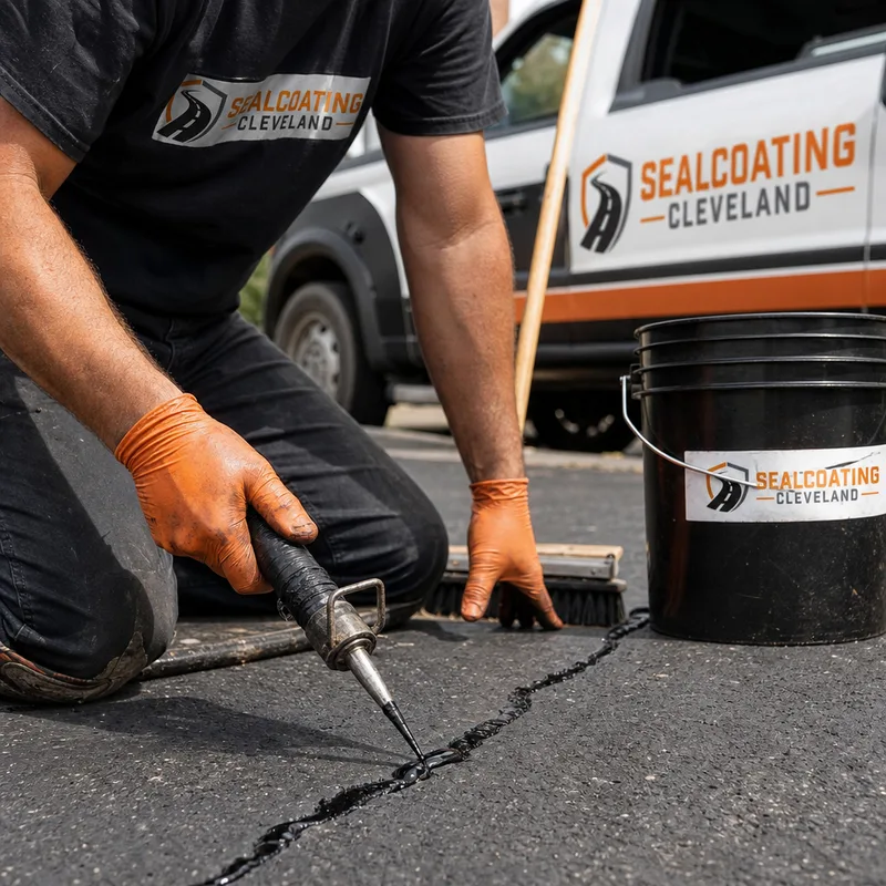 Technician applying rubberized crack filler to cleaned asphalt cracks before sealcoating