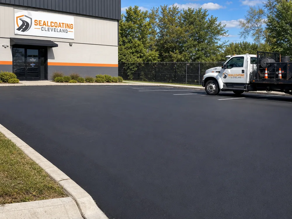 Commercial lot after sealcoating with uniform coverage and clean cut-in edges along the curbs