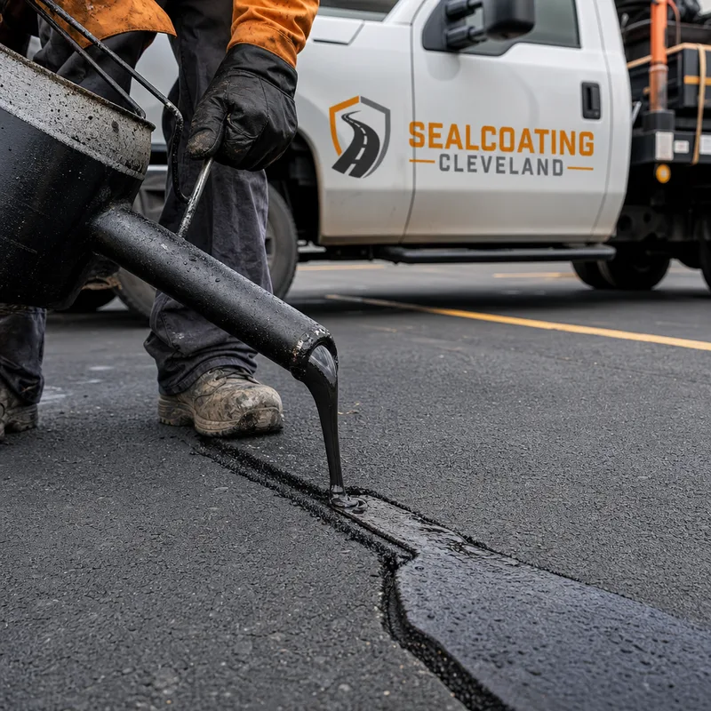 Routed asphalt crack being filled with hot-pour rubberized sealant with a tidy overband on a Cleveland parking lot