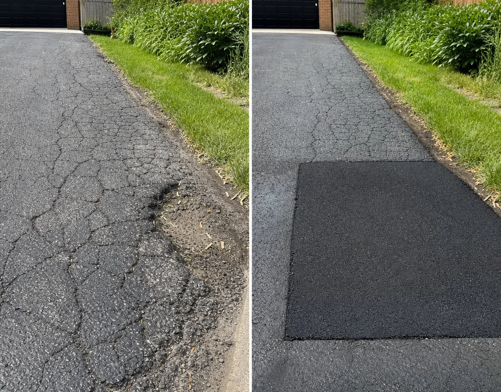 Before-and-after Cleveland driveway showing alligator cracking and an edge pothole replaced by a flush full-depth patch