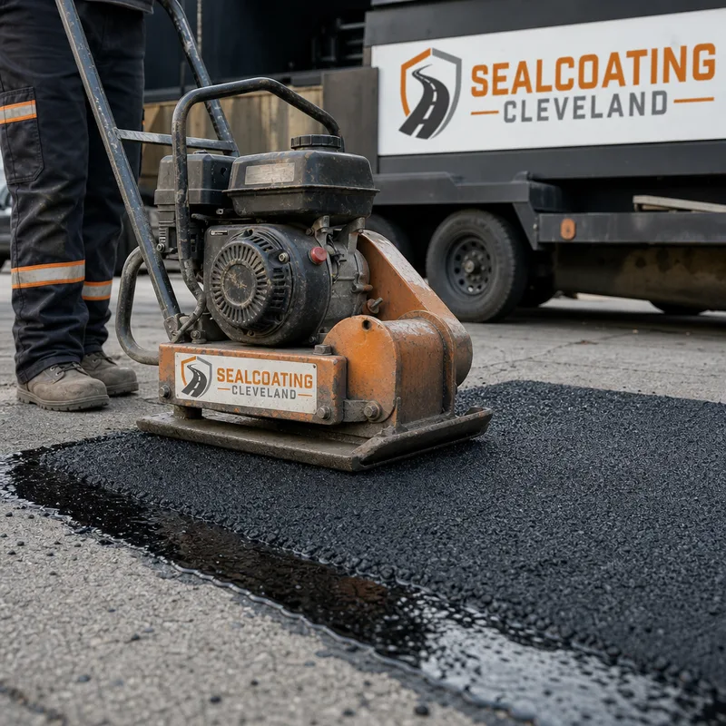 Squared asphalt patch with saw-cut edges, tack coat, and hot mix being compacted with a vibratory plate