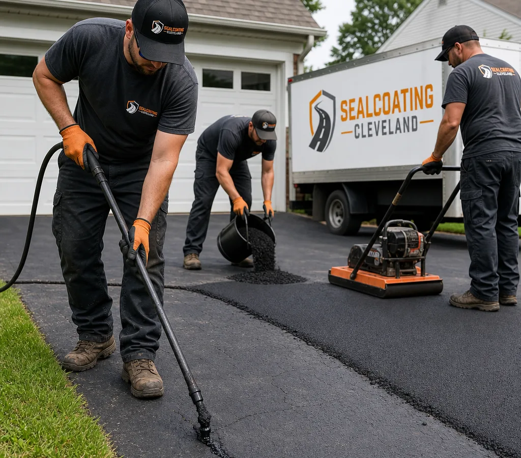 Crew cleaning cracks, placing hot mix, and compacting an asphalt driveway repair at a Cleveland home
