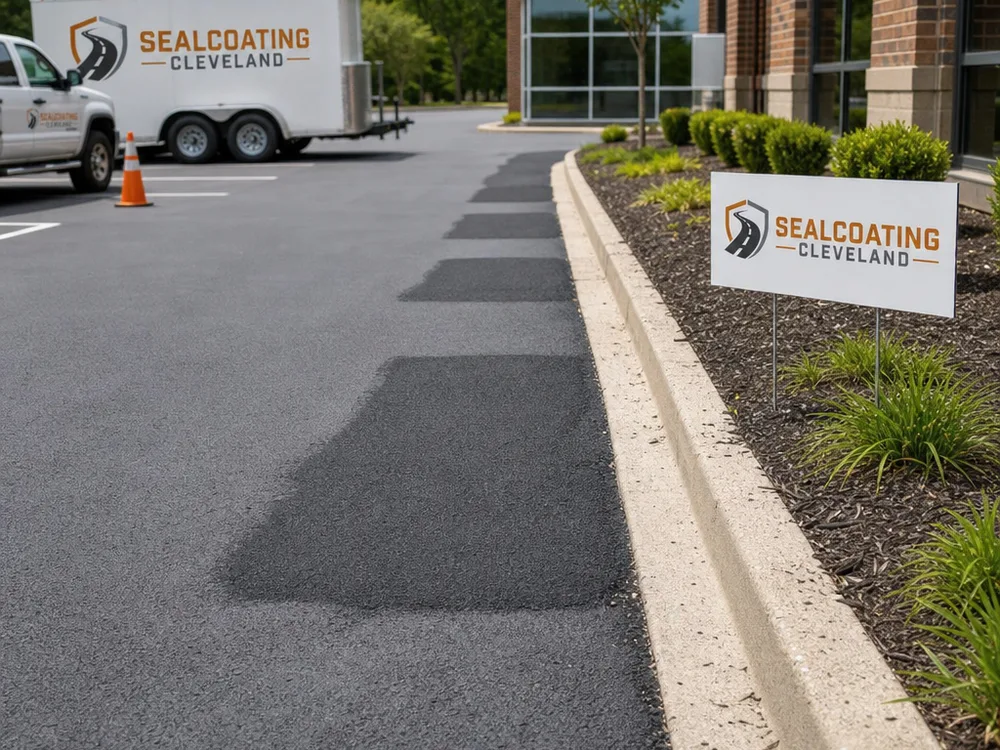 Commercial parking lot with repaired potholes, smooth transitions, and consistent drainage grade beside a curb