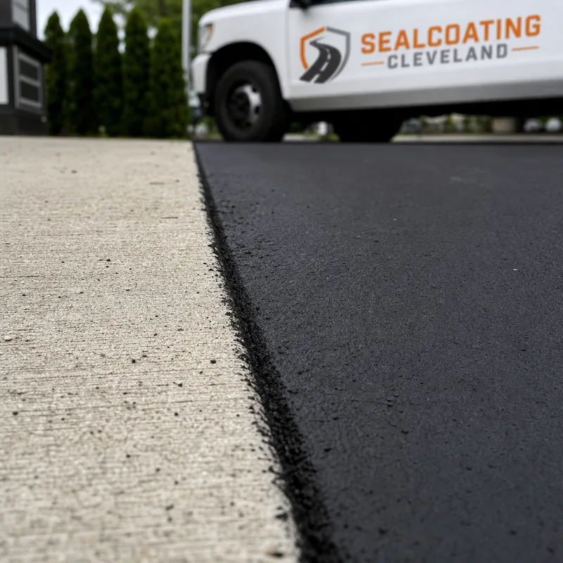 Close-up of a crisp sealcoat edge along a concrete sidewalk