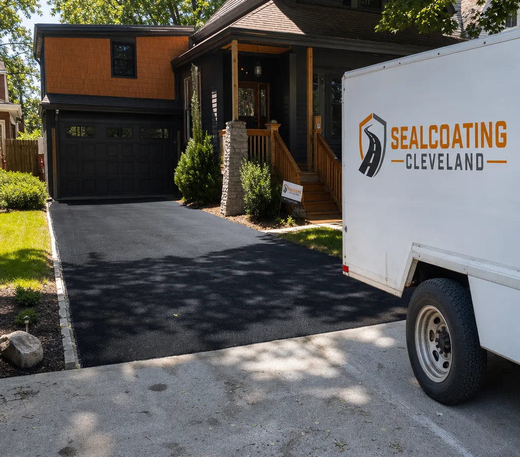 Freshly sealcoated residential asphalt driveway in Cleveland with a uniform dark finish and clean edges along the concrete apron