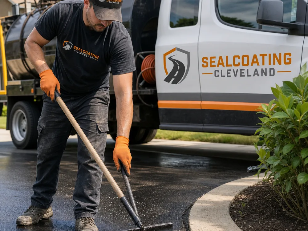Technician applying driveway sealer and brush-cutting a clean edge along a concrete sidewalk