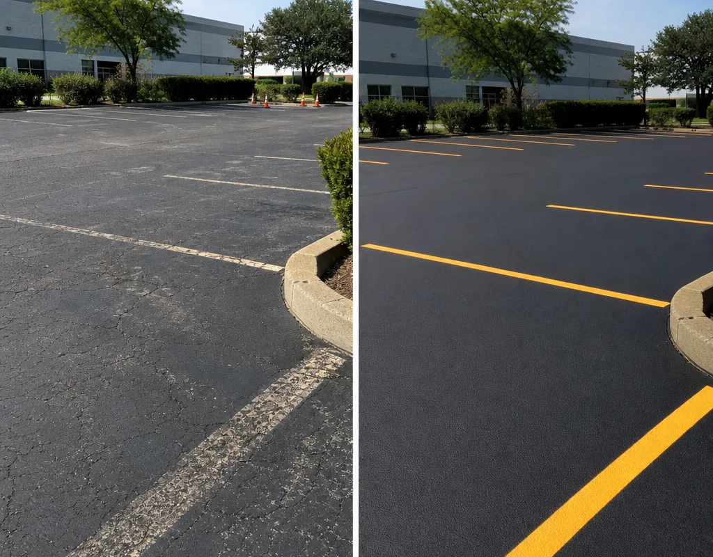 Before-and-after view of faded stall lines and the same area restriped with crisp lines and corrected spacing