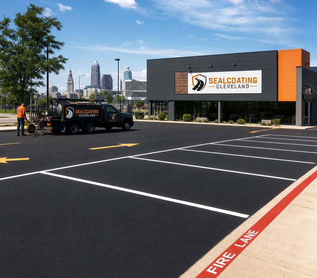 Freshly striped Cleveland commercial parking lot with white stalls, yellow directional markings, and a red fire lane