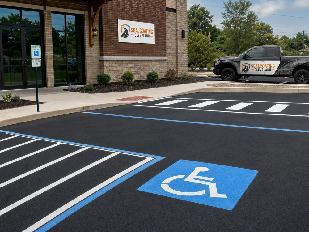 ADA-accessible parking area with striped access aisle, wheelchair symbol, and nearby crosswalk markings