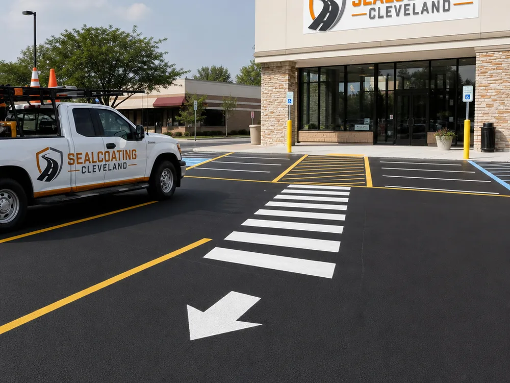 Freshly restriped retail lot with clear stall lines, directional arrows, and a crosswalk leading to the storefront