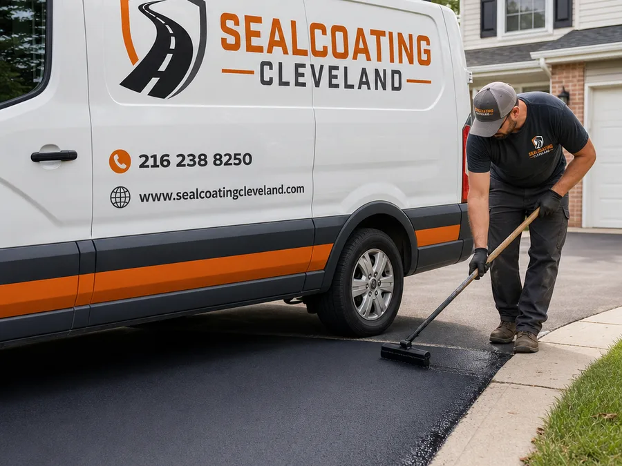 Technician applying sealcoat by hand at a driveway edge after cleaning