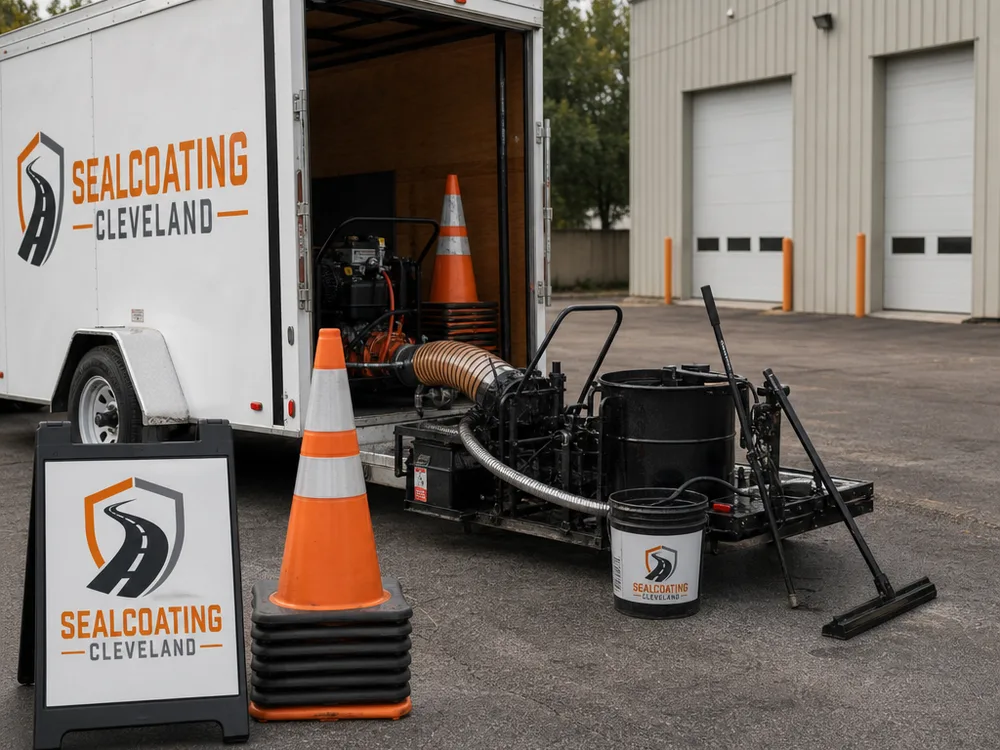 Company crew staging sealcoating equipment and safety cones near a work vehicle